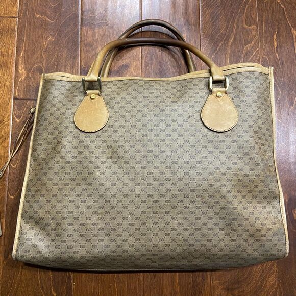 Gucci Authentic Vintage 80s GG Monogram Tan Brown Leather Tote Bag w/ Coin Pouch - Picture 2 of 12